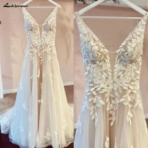 Lakshmigown V Neck Lace Appliques Wedding Dresses Champagne Bridal Gowns A Line Wedding Gown estido de noiva praiano