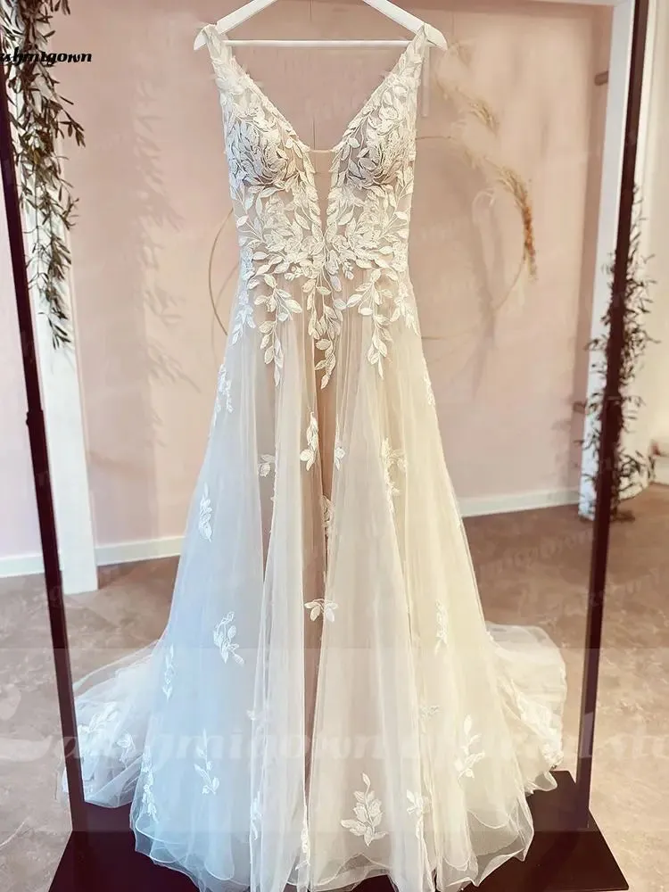 Lakshmigown V Neck Lace Appliques Wedding Dresses Champagne Bridal Gowns A Line Wedding Gown estido de noiva praiano