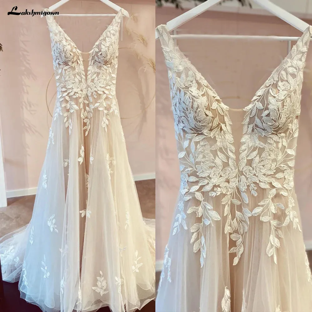 Lakshmigown V Neck Lace Appliques Wedding Dresses Champagne Bridal Gowns A Line Wedding Gown estido de noiva praiano