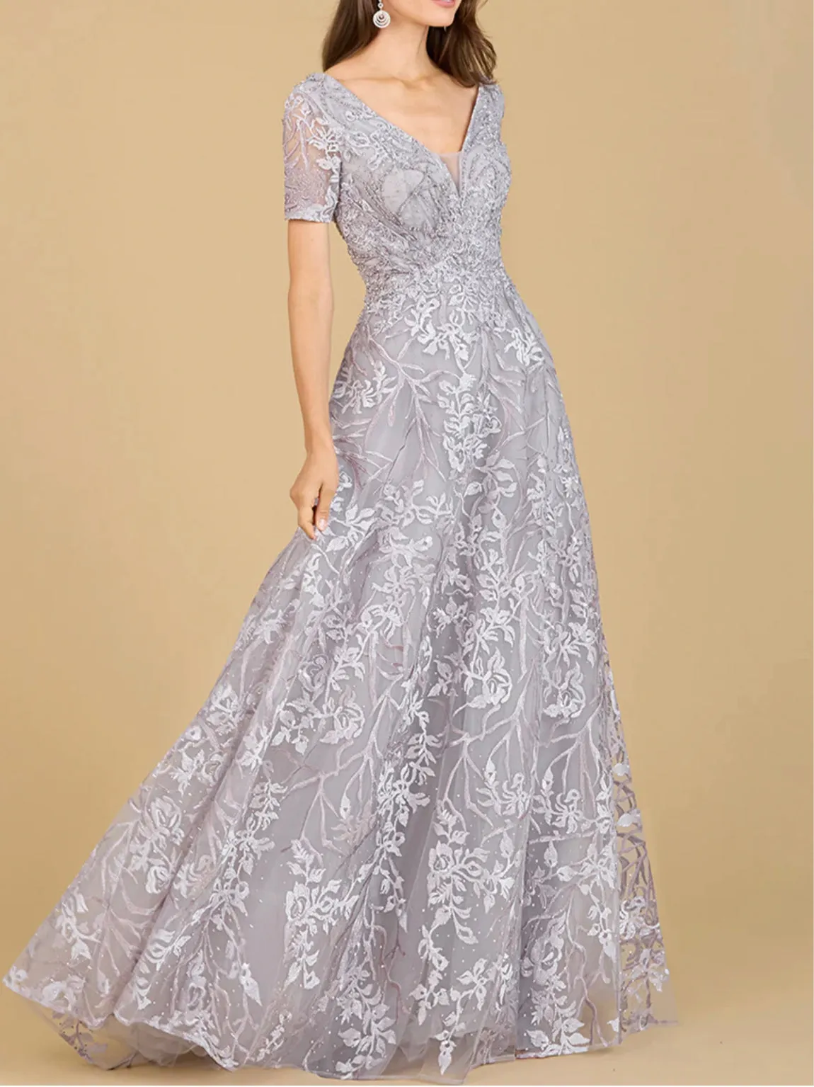 Lara Short Sleeve Lace A-Line Dress with V-Neckline Gown 29193