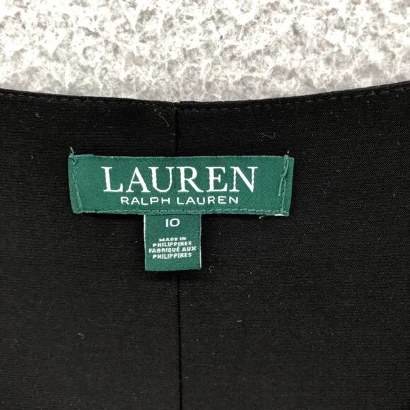Lauren Ralph Lauren Dress Womens 10 Black Draped Neck Sunburst Pleated No Iron