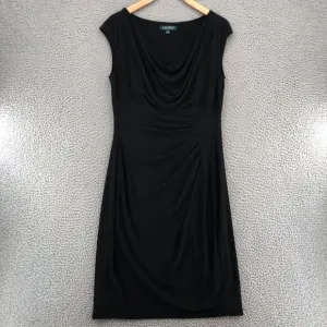 Lauren Ralph Lauren Dress Womens 10 Black Draped Neck Sunburst Pleated No Iron