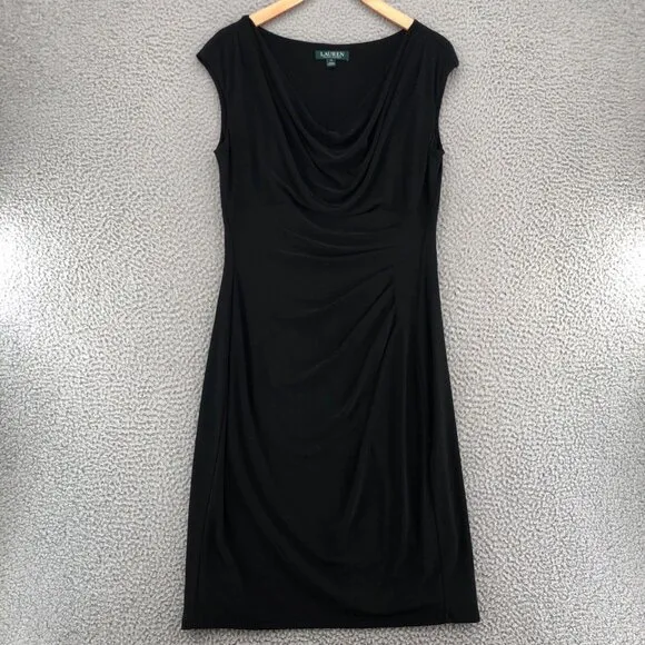 Lauren Ralph Lauren Dress Womens 10 Black Draped Neck Sunburst Pleated No Iron