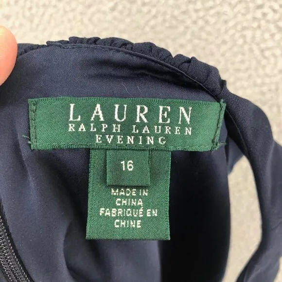 Lauren Ralph Lauren Dress Womens 16 Navy Evening Knee Fit &amp; Flare Pleated Formal