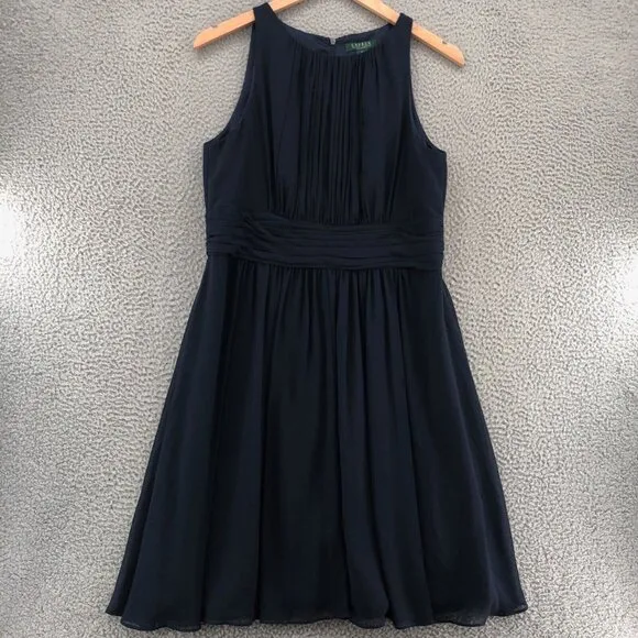 Lauren Ralph Lauren Dress Womens 16 Navy Evening Knee Fit &amp; Flare Pleated Formal