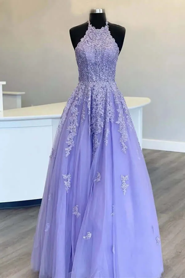 Lavender Tulle A-line Halter Lace Appliqued Prom Dresses, Evening Dress, MP674