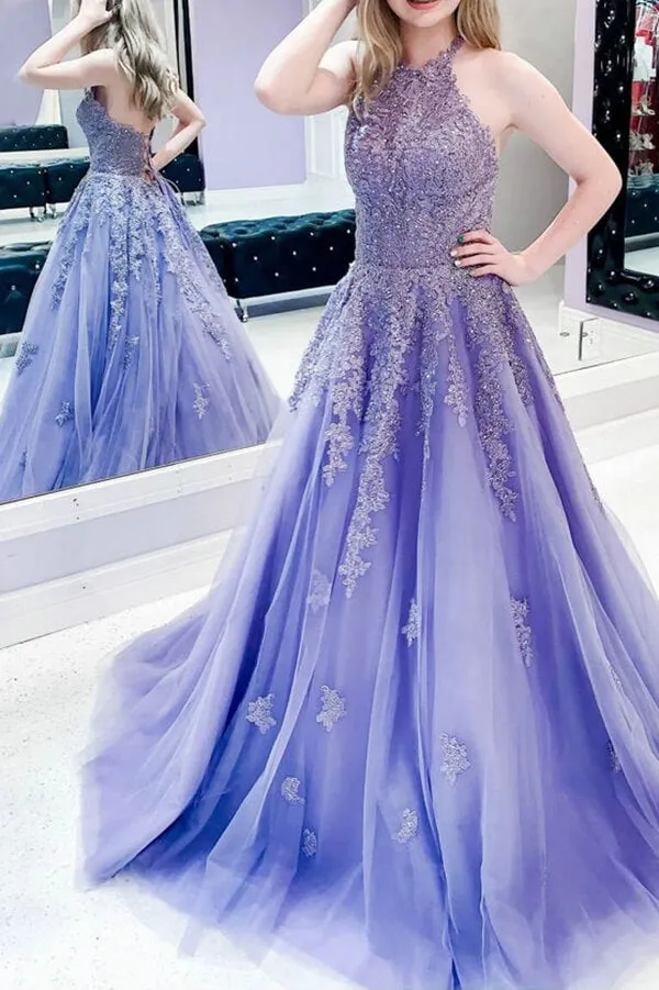Lavender Tulle A-line Halter Lace Appliqued Prom Dresses, Evening Dress, MP674