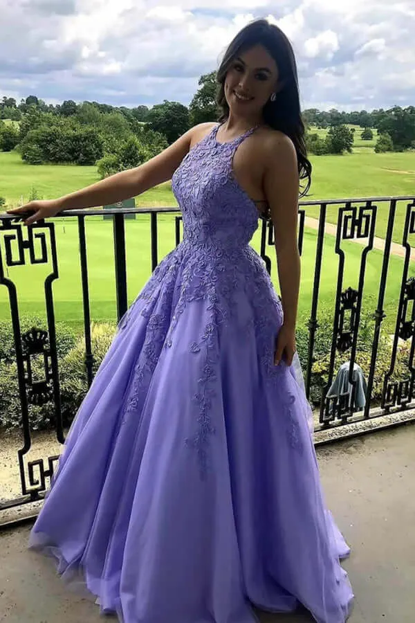 Lavender Tulle A-line Halter Lace Appliqued Prom Dresses, Evening Dress, MP674