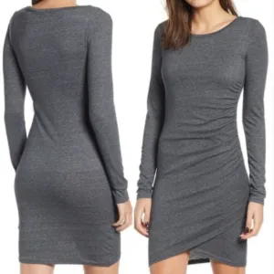 Leith Bodycon Ruched Side Charcoal Gray Dress Long Sleeves Size M