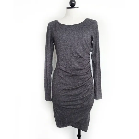 Leith Bodycon Ruched Side Charcoal Gray Dress Long Sleeves Size M