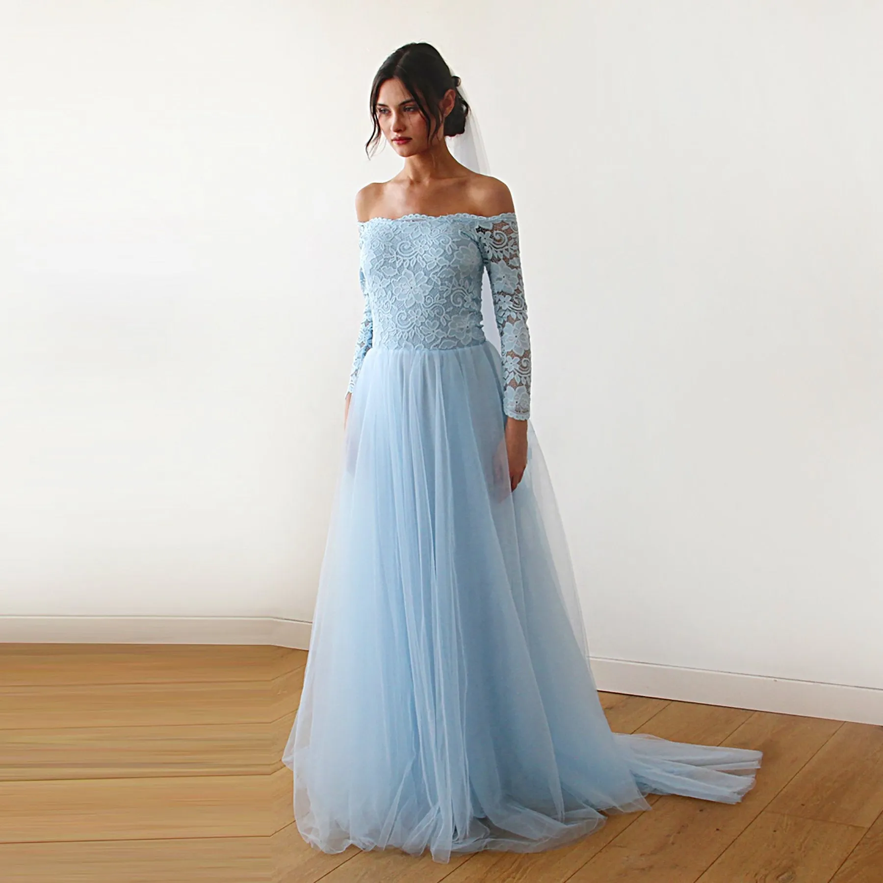 Light blue Off-The-Shoulder Dress Train   #1162