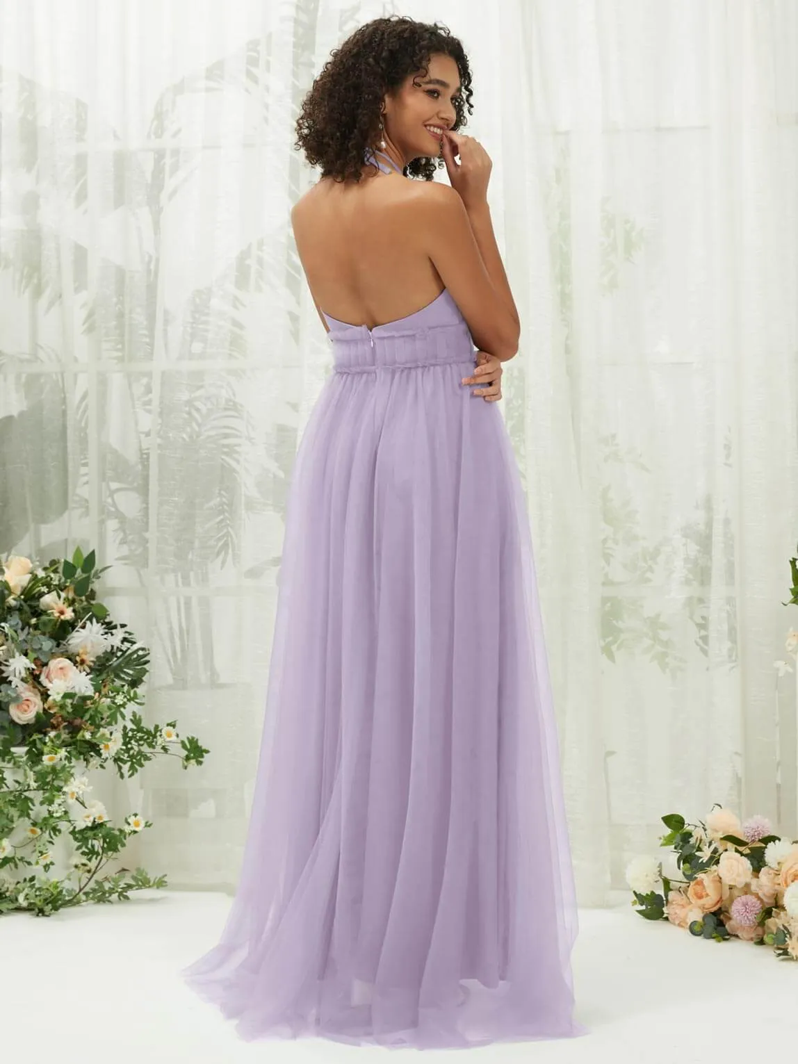 Light Dusty Purple Tulle Halter Neck Floor Length Bridesmaid Dress With Pocket