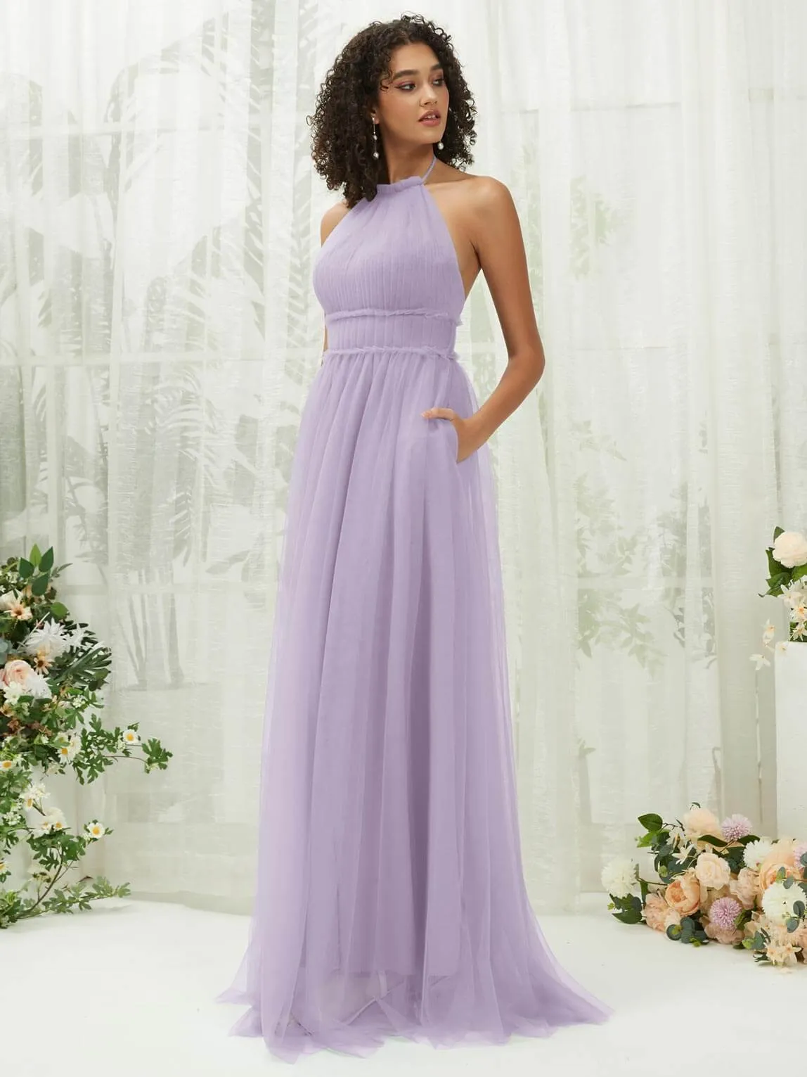 Light Dusty Purple Tulle Halter Neck Floor Length Bridesmaid Dress With Pocket