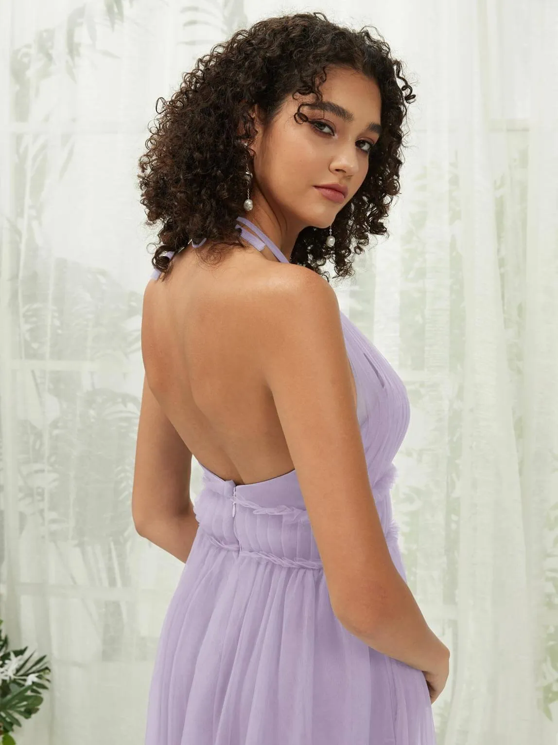 Light Dusty Purple Tulle Halter Neck Floor Length Bridesmaid Dress With Pocket