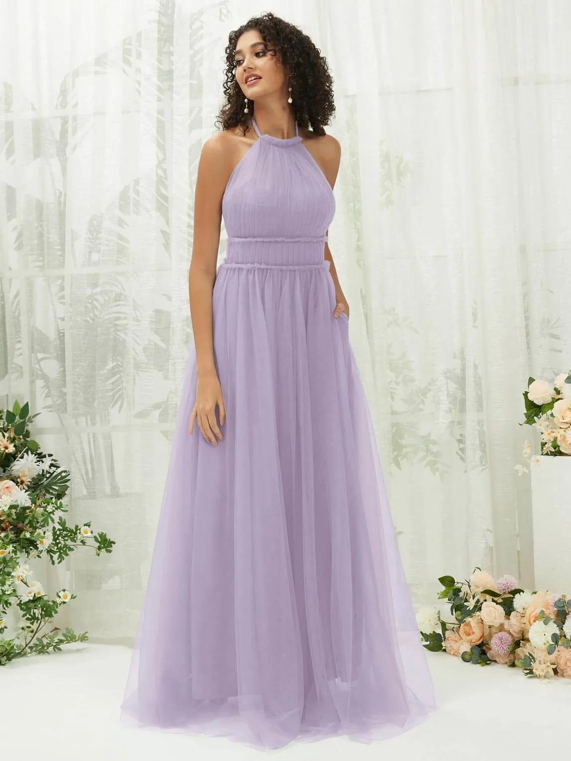Light Dusty Purple Tulle Halter Neck Floor Length Bridesmaid Dress With Pocket