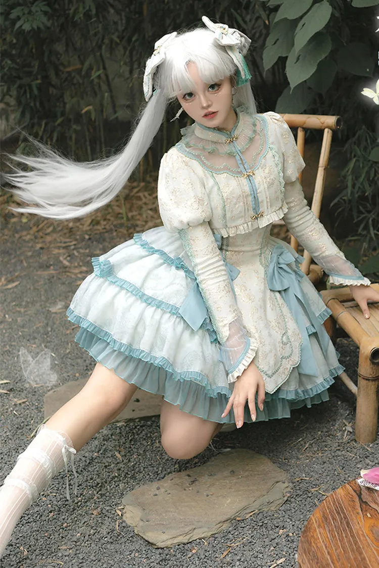 Light Green Multi-layer Ruffle Embroidery Bowknot Chinese Style Sweet Lolita Jsk Dress