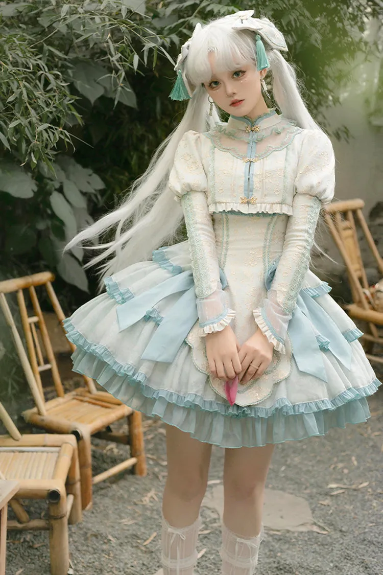 Light Green Multi-layer Ruffle Embroidery Bowknot Chinese Style Sweet Lolita Jsk Dress