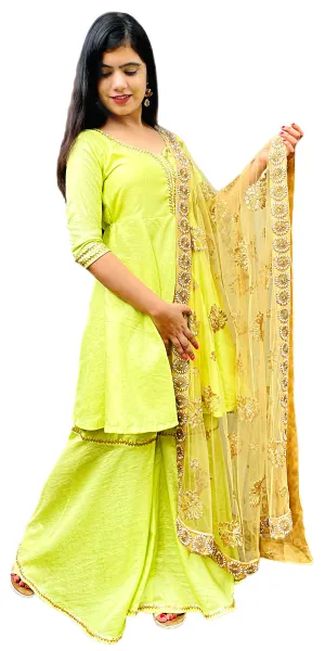 Light yellow green color Silk Gharara Dress with Embroidered Net Dupatta