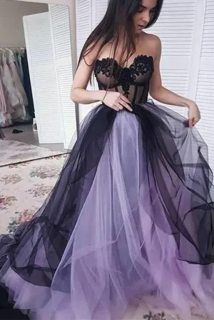 Lilac Black Tulle A-line Sweetheart Prom Dresses With Lace Appliques, MP730