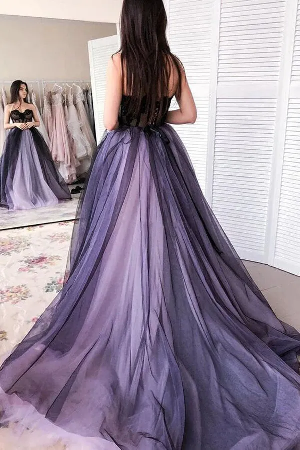 Lilac Black Tulle A-line Sweetheart Prom Dresses With Lace Appliques, MP730