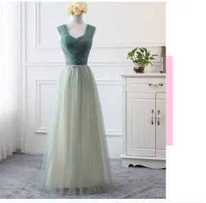 long bridesmaid dresses 2020 sage green tulle pleated a line cheap wedding guest dress