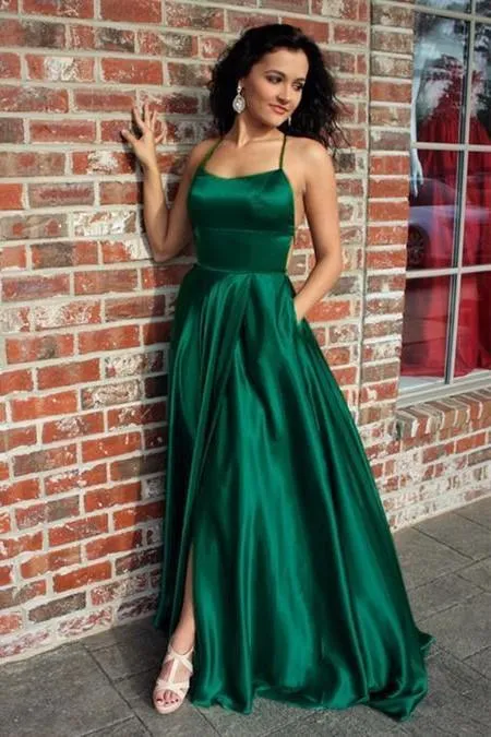 Long Green Prom Evening Dress with Lace-up Back