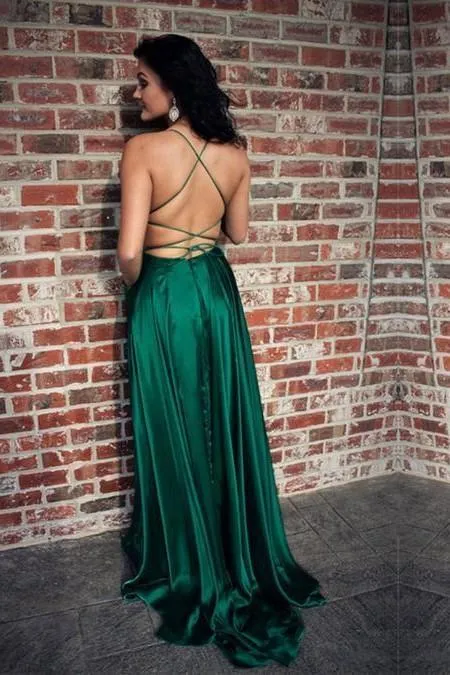 Long Green Prom Evening Dress with Lace-up Back