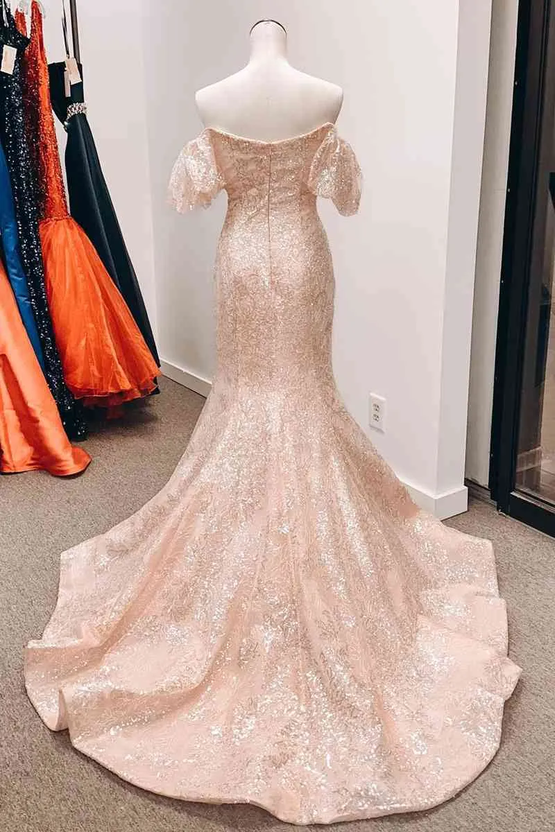 Long Light Blue Puff Sleeves Mermaid Prom Dress with Sequins