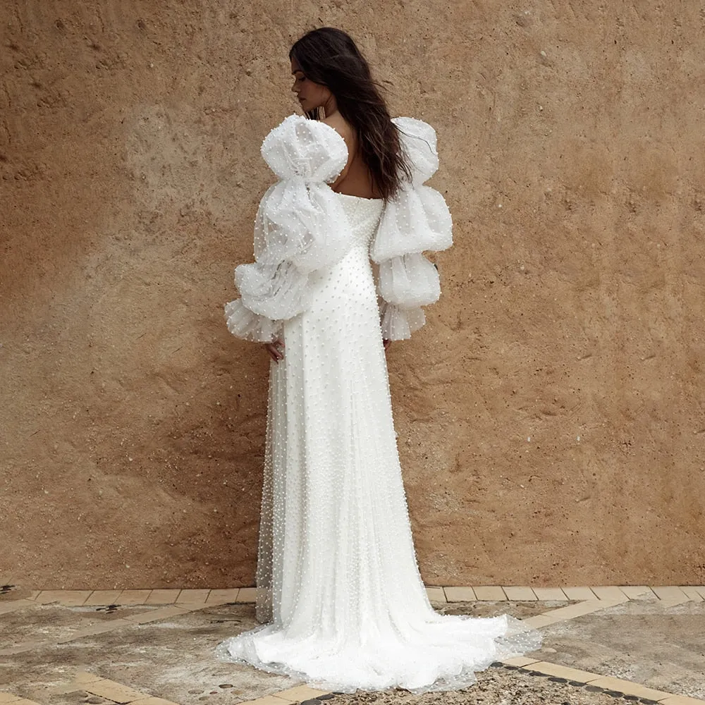 Long Puff Sleeves Wedding Dress Backless Sweep Train A Line
