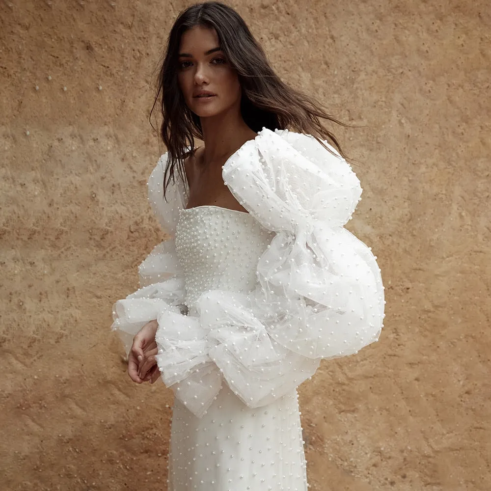 Long Puff Sleeves Wedding Dress Backless Sweep Train A Line