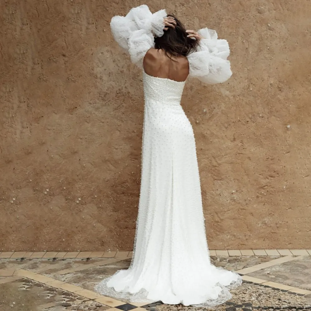 Long Puff Sleeves Wedding Dress Backless Sweep Train A Line