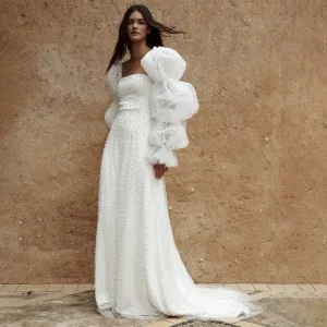 Long Puff Sleeves Wedding Dress Backless Sweep Train A Line