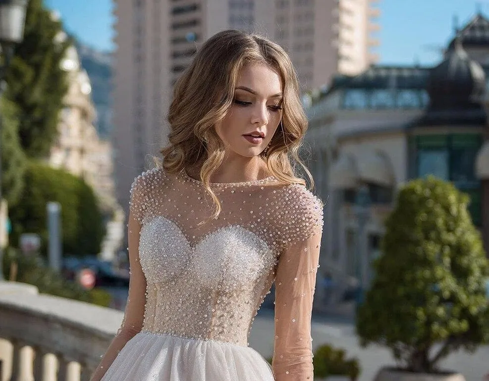 Long Sleeve Wedding Dresses Elegant Vestido De Casamento O-neck Open Back See Through Shiny Wedding Gowns Brautkleid