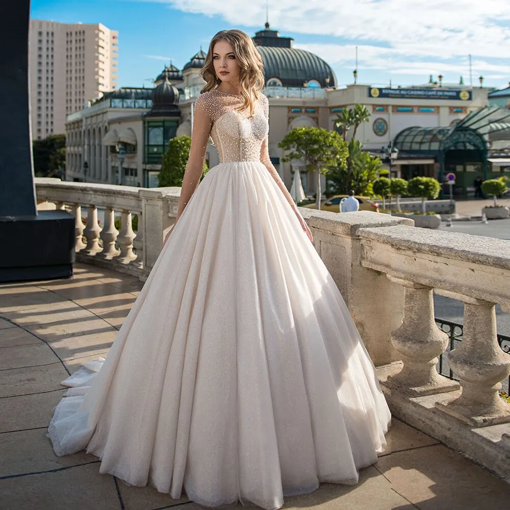 Long Sleeve Wedding Dresses Elegant Vestido De Casamento O-neck Open Back See Through Shiny Wedding Gowns Brautkleid