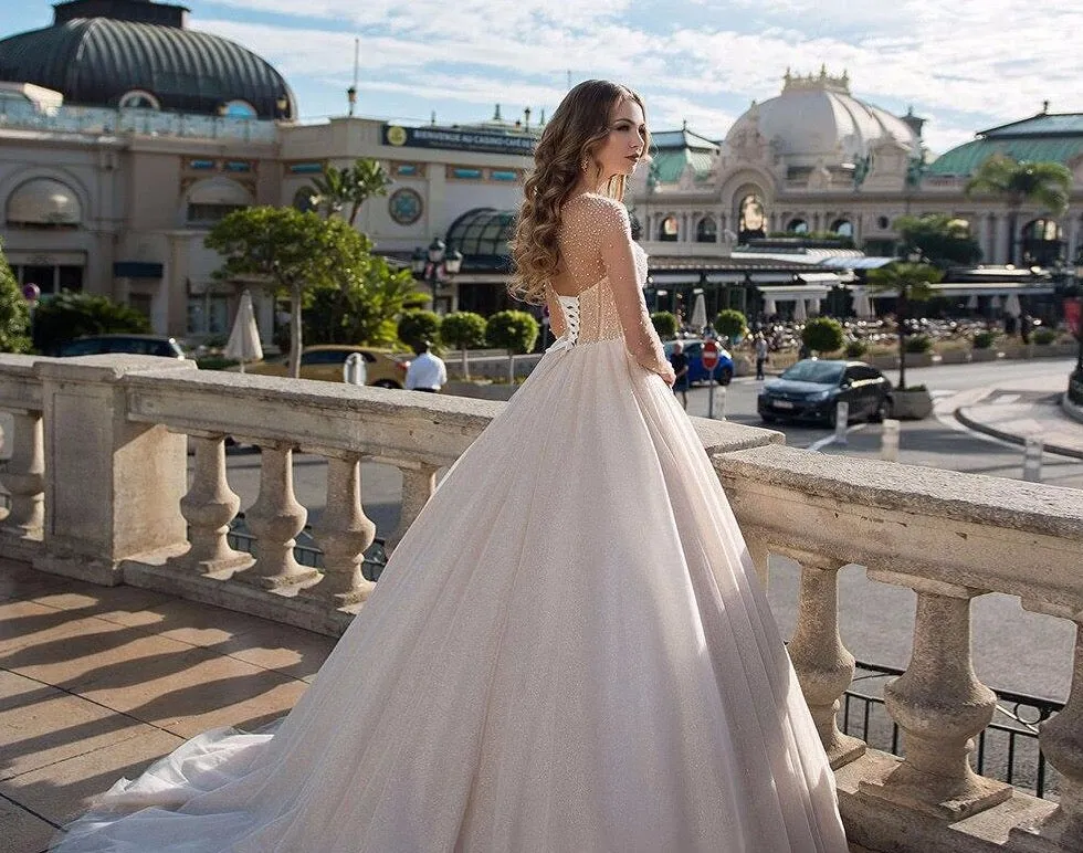 Long Sleeve Wedding Dresses Elegant Vestido De Casamento O-neck Open Back See Through Shiny Wedding Gowns Brautkleid