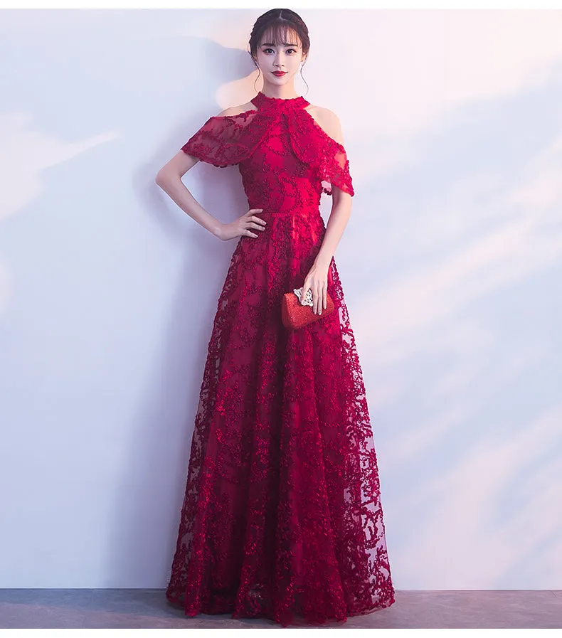 Lovely Halter Neckline Dark Red Lace Long Bridesmaid Dress, A-line Wine Red Prom Dress