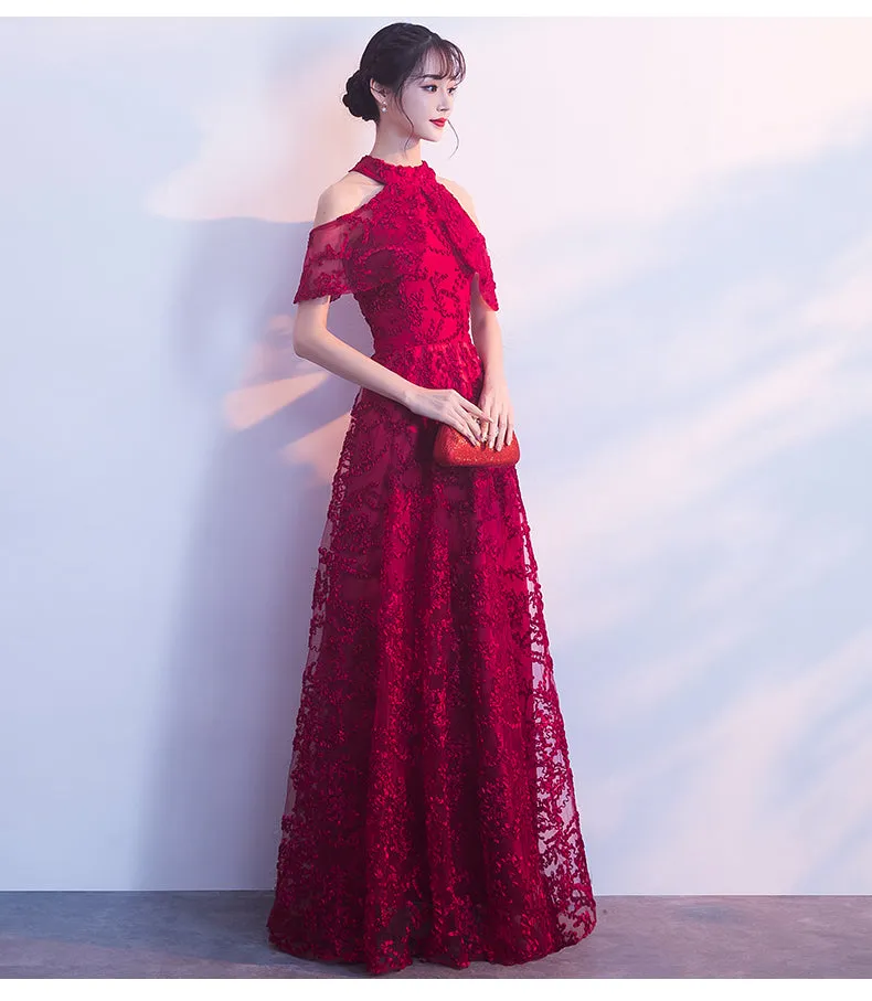 Lovely Halter Neckline Dark Red Lace Long Bridesmaid Dress, A-line Wine Red Prom Dress