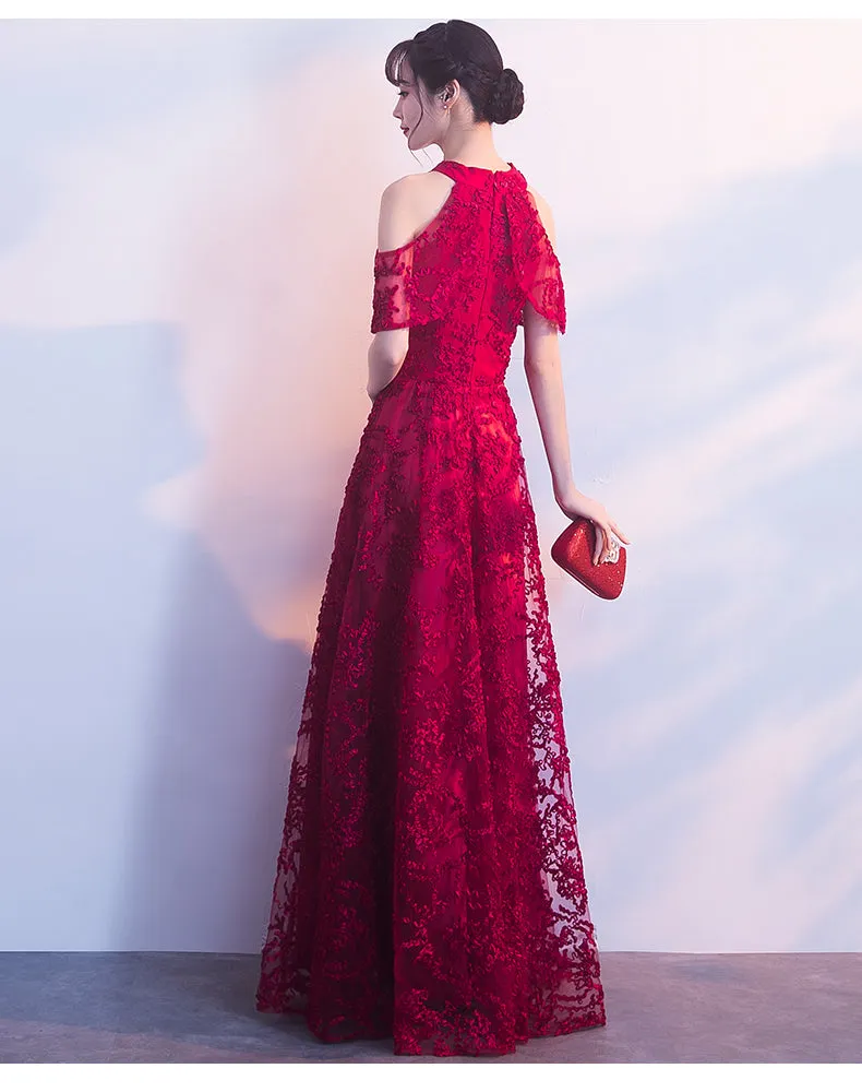 Lovely Halter Neckline Dark Red Lace Long Bridesmaid Dress, A-line Wine Red Prom Dress
