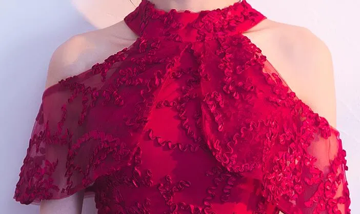 Lovely Halter Neckline Dark Red Lace Long Bridesmaid Dress, A-line Wine Red Prom Dress