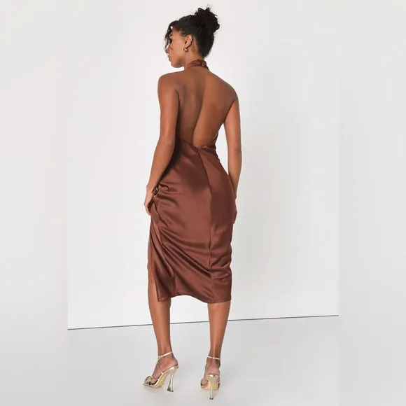 Lulus Beyond Classy Brown Satin Halter Twist Midi Dress Women’s Medium