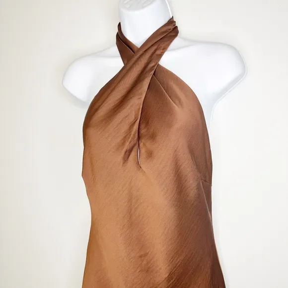 Lulus Beyond Classy Brown Satin Halter Twist Midi Dress Women’s Medium