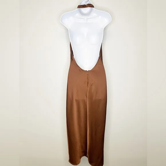 Lulus Beyond Classy Brown Satin Halter Twist Midi Dress Women’s Medium