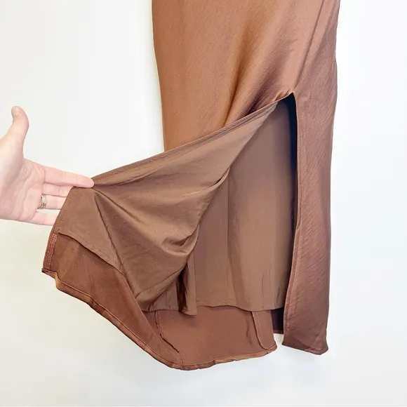 Lulus Beyond Classy Brown Satin Halter Twist Midi Dress Women’s Medium