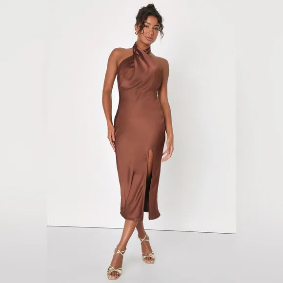 Lulus Beyond Classy Brown Satin Halter Twist Midi Dress Women’s Medium