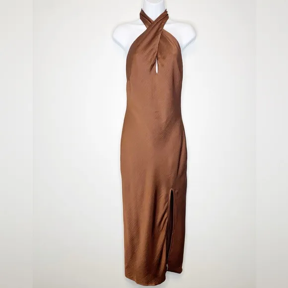 Lulus Beyond Classy Brown Satin Halter Twist Midi Dress Women’s Medium