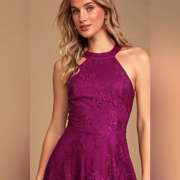 Lulus Dark Magenta Lace Skater Dress