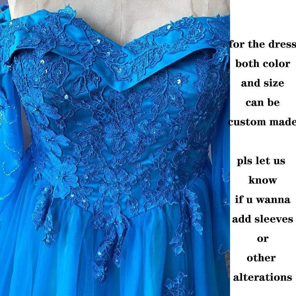 Luxury Dubai Floral Blue Wedding Gowns Off Shoulder Princess