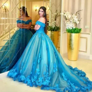 Luxury Dubai Floral Blue Wedding Gowns Off Shoulder Princess