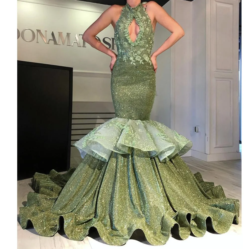 luxury evening dresses long mermaid green sparkle lace appliqué 3d flowers elegant evening gown robe de soiree