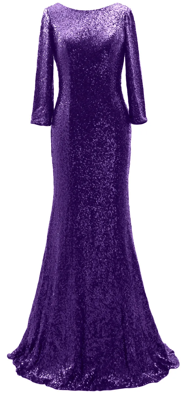 MACloth 3/4 Sleeve Sequin Long Mother of Bride Dresses Bridesmaid Evening Gown